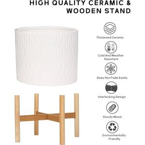 LaDoVita Ceramic Plant Pot with Stand, 10 Inch Planter with Wood Shelf, Modern Round Flower Pots Indoor with Wood Planter Holder, White Water Ripple Pattern