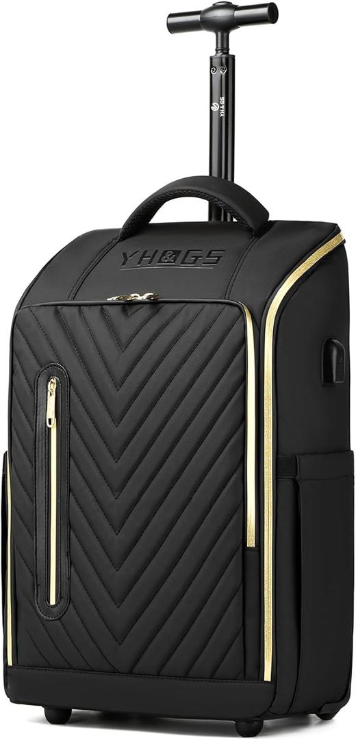 Rolling Backpack Waterproof Commuter Backpack with Wheels for Business, Laptop Compartment for 15.6-Inch Laptop, Wheeled Carry-On Bag for Adults (Gold Black)