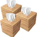 3 Pcs Square Rattan Tissue Box Cover Decorative Hand Wicker Woven Tissue Box Holder 5.5'' x 5.5'' x 5.5'' Boho Natural Tissue Cube Napkin Holder for Bathroom, Office, Car Accessories (Wood