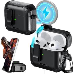 RFUNGUANGO for AirPods Case (2021, 3rd Generation), Compatible with AirPods 3rd Generation, Compatible with MagSafe, Drop Protection Case with Stand Feature, with Cleaning Tool -A-Black