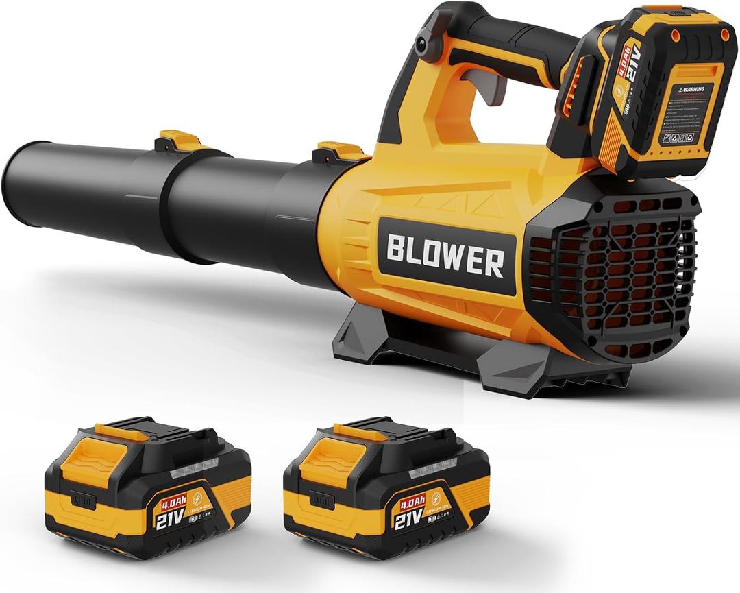 Leaf Blower Cordless - 630CFM/160MPH, 21V Powerful Electric Cordless Leaf Blower with 2 x 4.0Ah Batteries and Charger, Battery Powered Leaf Blowers for Lawn Care, Patio, Yard, Dust, Snow (Yellow)