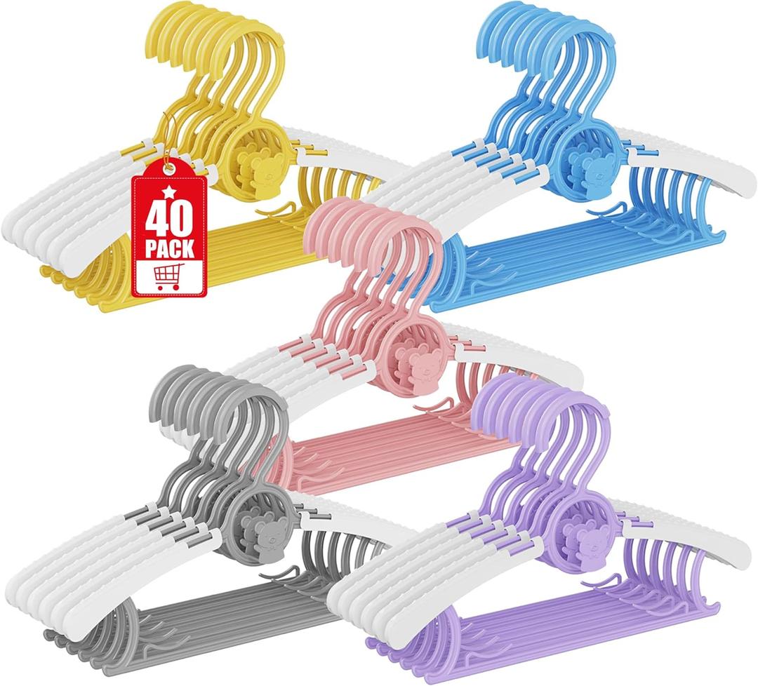 40 Pack Baby Hangers for Nursery Closet, Adjustable Non-Slip Kids Baby Clothes Hangers Toddler Infant Pants Hangers with Windproof Buckles for Baby Girls Boys Childrens Newborn Organizer, 11-14" (Multicolor)