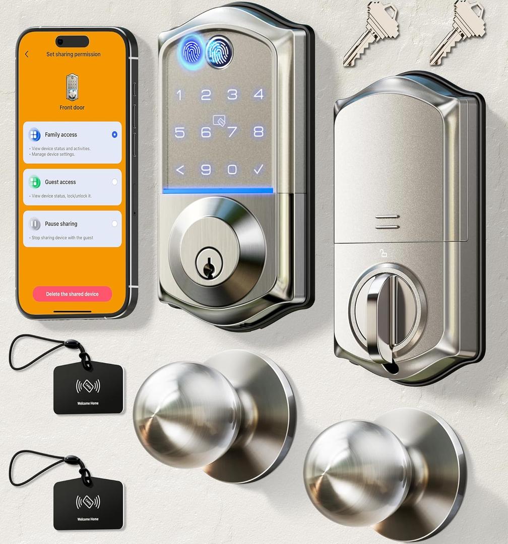 Veise VE017-K Fingerprint Smart Lock with 2 Knobs, App Control, Keyless Entry Front Door Lock Set, Electronic Touchscreen Keypad Deadbolt, Emergency Power Port, Easy Install, Auto-Lock, Satin Nickel