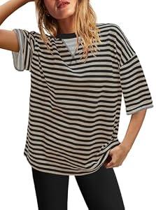 SENSERISE Striped Shirt Women Cute Short Sleeve Tops Casual Crewneck Summer Tops Oversized Tshirts Loungewear(Heather Brown, S)