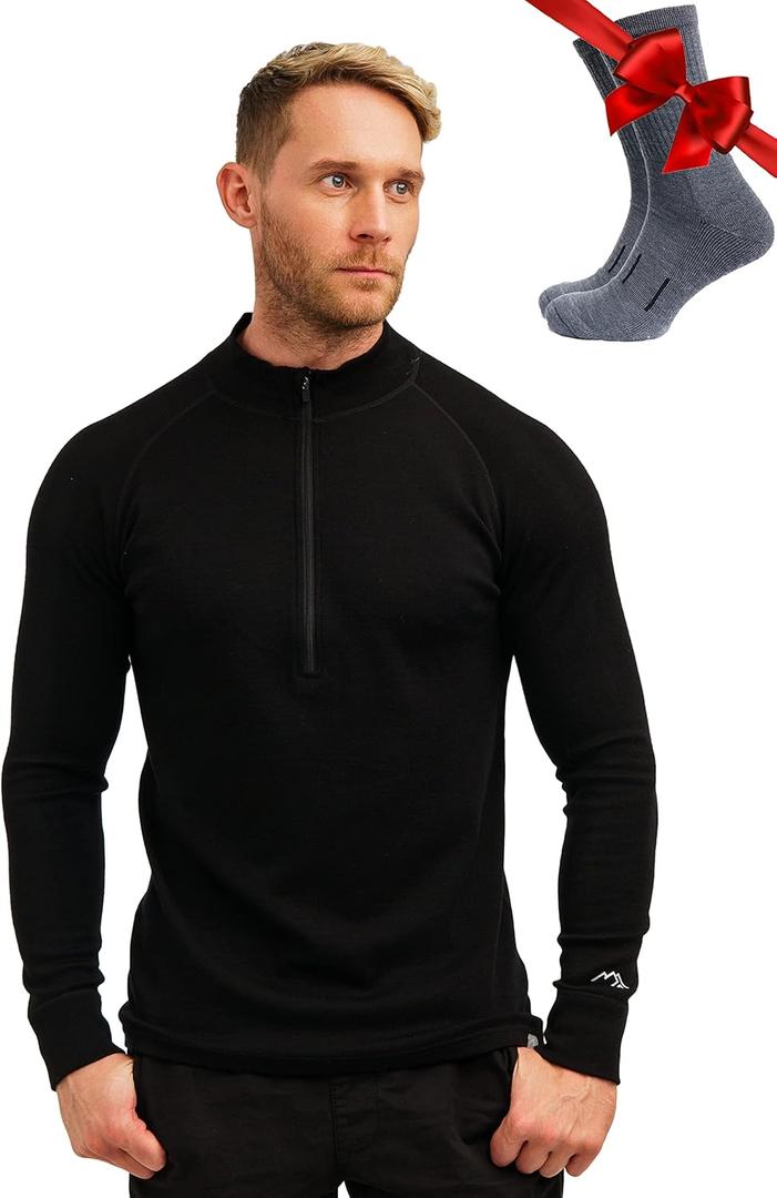 Merino Wool Base Layer Mens - Wool Half Zip Sweater Men - Merino Quarter Zip Sweater Lite, Midweight, Heavyweight and Socks (Small, 250 Black)