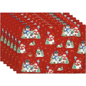 Christmas Snowman Snowflakes Double-Layer Placemats, 1319, Set of 6 Washable Heat-Resistant Non-Slip Cloth Table Mats for Christmas Seasonal Holiday Decor