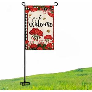 2 x Spring Welcome Garden Flag, Bee Red Geranium Floral Buffalo Plaid Small Burlap Yard Flag, House Seasonal Farmhouse Outside Outdoor Decoration 12.5 x 18 Inch