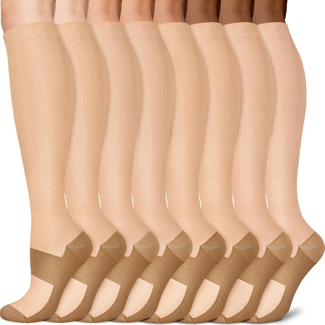 Sooverki Copper Compression Socks for Men & Women 8 Pack 15-20mmHg - Knee High Stockings Best Support for Running Athletic Large-X-Large, 04 Nude