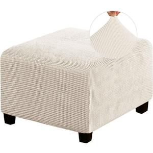 Stretch Ottoman Cover Ottoman Slipcovers Square for Living Room Foot Stool Stretch Covers to Fit Ottoman Foot Rest, Thick Checked Jacquard Fabric with Elastic Bottom (Medium Size, Biscotti Beige)