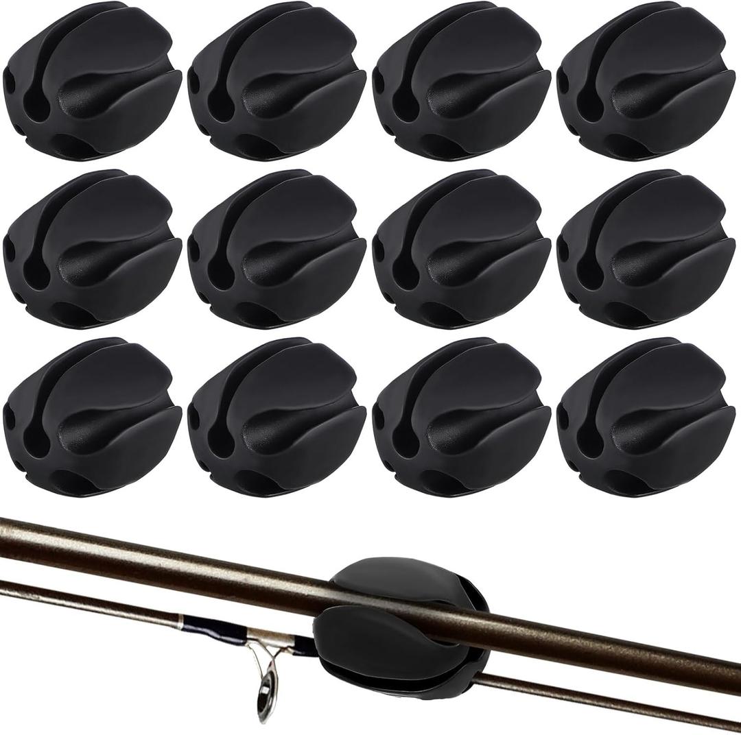 12 Pcs Portable Silicone Fishing Pole Rod Holder Clips Fixed Ball 5 Holes Multifunctional Rubber Fishing Pole Puller Clips Bike Rod Holder Straps for Travel Ground Car Bike (Black)
