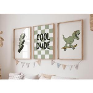 Nursery Dinosaur Wall Art Set of 3 Boys Room Canvas Decor Toddler Kids Art Prints Dinosaur Skateboard Pictures Poster Boys Dino Artwork Decor for Bedroom 12x16 Inch Unframed