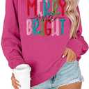 Merry Christmas Sweatshirts Women Merry And Bright Christmas Pullover Top Chenille Patch Letter Printed Xmas Gifts Top (Small, Rose)