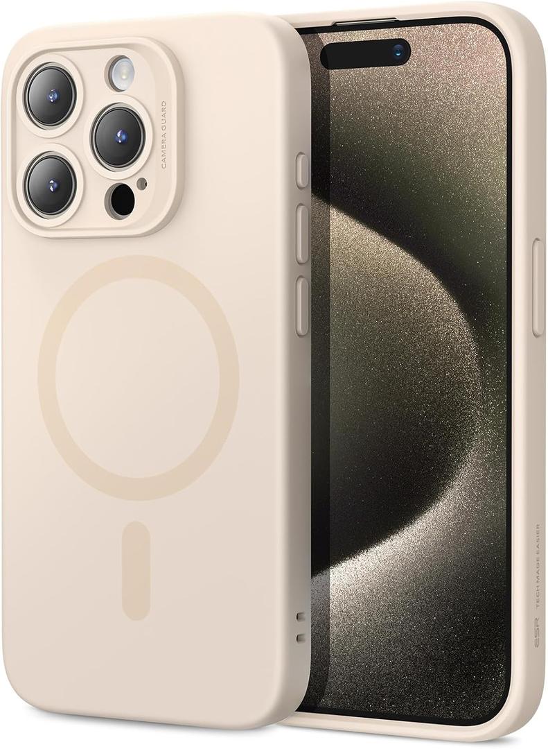 ESR for iPhone 15 Pro Case with MagSafe, Supports Magnetic Charging, Slim Liquid Silicone Case, Shock Absorbing, Screen and Camera Protection, Cloud Series, Light Tan