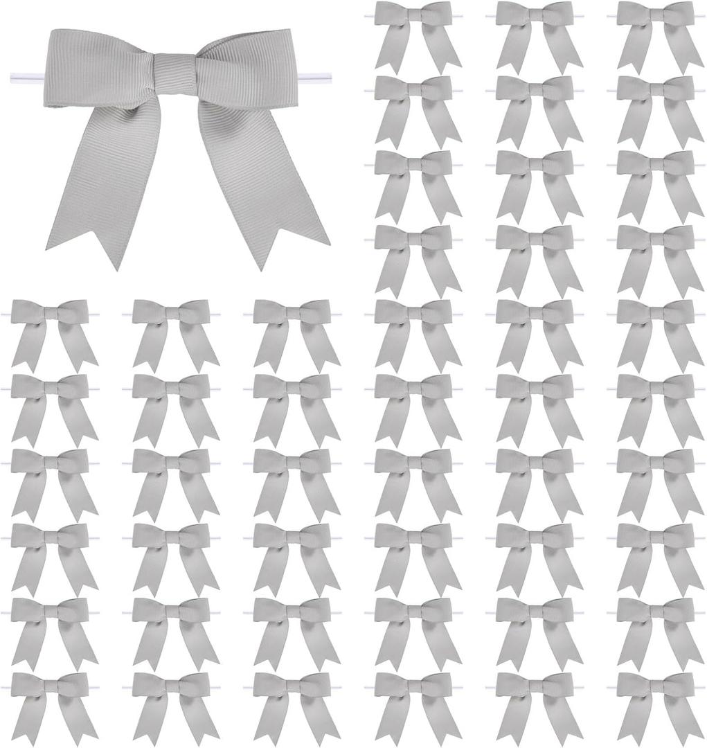 Meseey 50 Pcs 3 Inches Grosgrain Ribbon Twist Tie Bows Light Silver Pretied Premade Craft Bows for Treat Bags Gift Wrapping Basket Wedding Baby Shower Brithday Christmas Party (Light Silver)