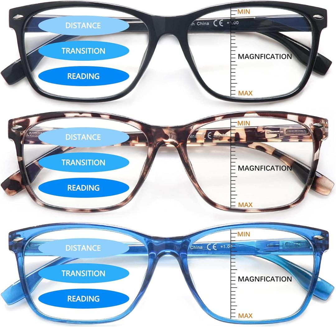 VIDEBLA 3 Pack Progressive Multifocus Reading Glasses Blue Light Blocking for Women Men Multifocal Readers with Spring Hinge (3 Mix Color-1, 2.00, multiplier_x)