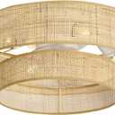 20" Boho Bamboo Small Caged Wicker Rattan DC Low Profile Flush Mount Ceiling Fans with Lights and Remote Control,Enclosed Bladeless Fandalier for Bedroom Kitchen
