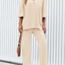 PRETTYGARDEN 2 Piece Lounge Sets for Women Summer 2025 Short Sleeve Tops Wide Leg Pants Matching Travel Outfits Clothing (Beige,X-Small) (XS)