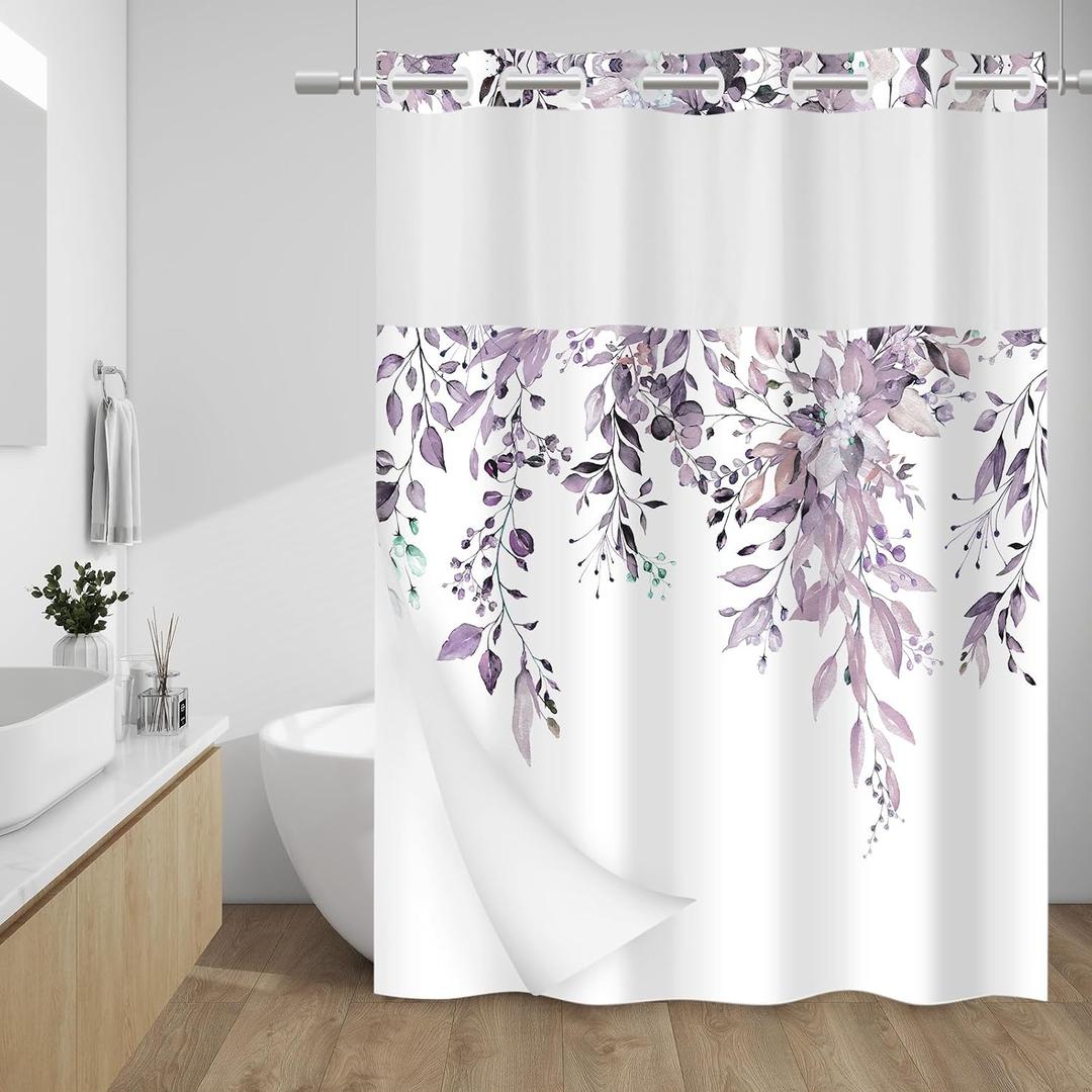 WITHLOC No Hook Shower Curtain with Snap in Liner - Eucalyptus Shower Curtain - Washable Waterproof Inner Liner, Plants Plum Leaves Modern Shower Curtains - Machine Washable, 71 x 74