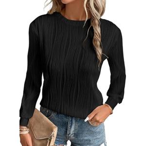 EVALESS Womens 2025 Round Neck Long Sleeve T Shirts Fashion Trendy Spring Summer Fall Loose Fit Plain Dressy Textured Tops Casual Tee Blouses Clothes,Black Medium