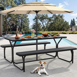 DWVO 6FT Picnic Table, Heavy Duty Outdoor Picnic Table and Bench w/Umbrella Hole, Resin Tabletop & Stable Steel Frame Ideal for Yard Patio Lawn Party, Black