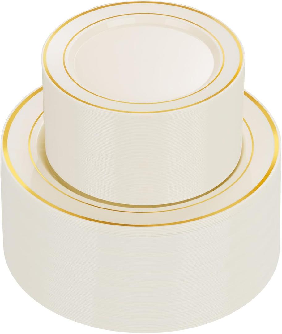U-QE 100pcs Ivory Plastic Plates for Party - Ivory Gold Plastic Plates Disposable Heavy Duty - Include 50 10" Dinner and 50 7" Dessert Plate, Perfect for Party, Wedding