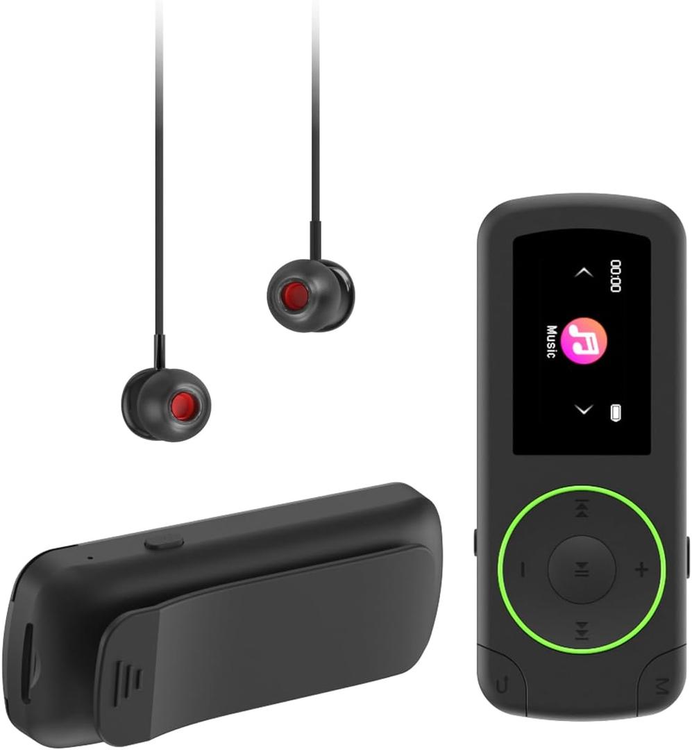 64GB Sport Clip on MP3 Player with Bluetooth- Superlight Music Player with Clip and Earphones, MicroSD Support, A-B Repeat, Shuffle Playback for Running, Cycling, Hiking, Climbing and Yoga (green)