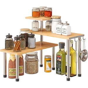 GHWIE Countertop Organizer Corner Shelf - Bamboo Corner Shelf Display Rack3 Tier Bamboo Space Saving Rack for Kitchen,Living Room, Office,Natural