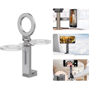 Magnetic Airplane Phone Mount, Ultra-Light Aluminum Alloy, 360° Adjustable, 1/4'' Tripod Mount for iPhone & All Phones, Plane Travel Essentials, Silver