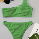Green Embossed Striped Print Bikini Set One Shoulder, Size L