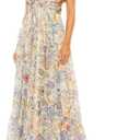 Women's Summer Floral Print Straps Sleeveless V Neck Criss Cross Backless Chiffon Beach Boho Party Long Maxi Dress (Medium, Apricot)