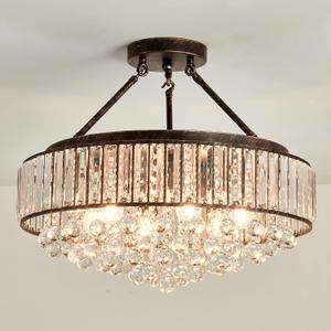 YYJLX 6 Light Modern Crystal Oil Rubbed Bronze Metal Semi Flush Mount Ceiling Light Fixture E26 Indoor Round Ceiling Lamp for Dining, Living, Foyer, Kitchen, Bedroom (Bronze)