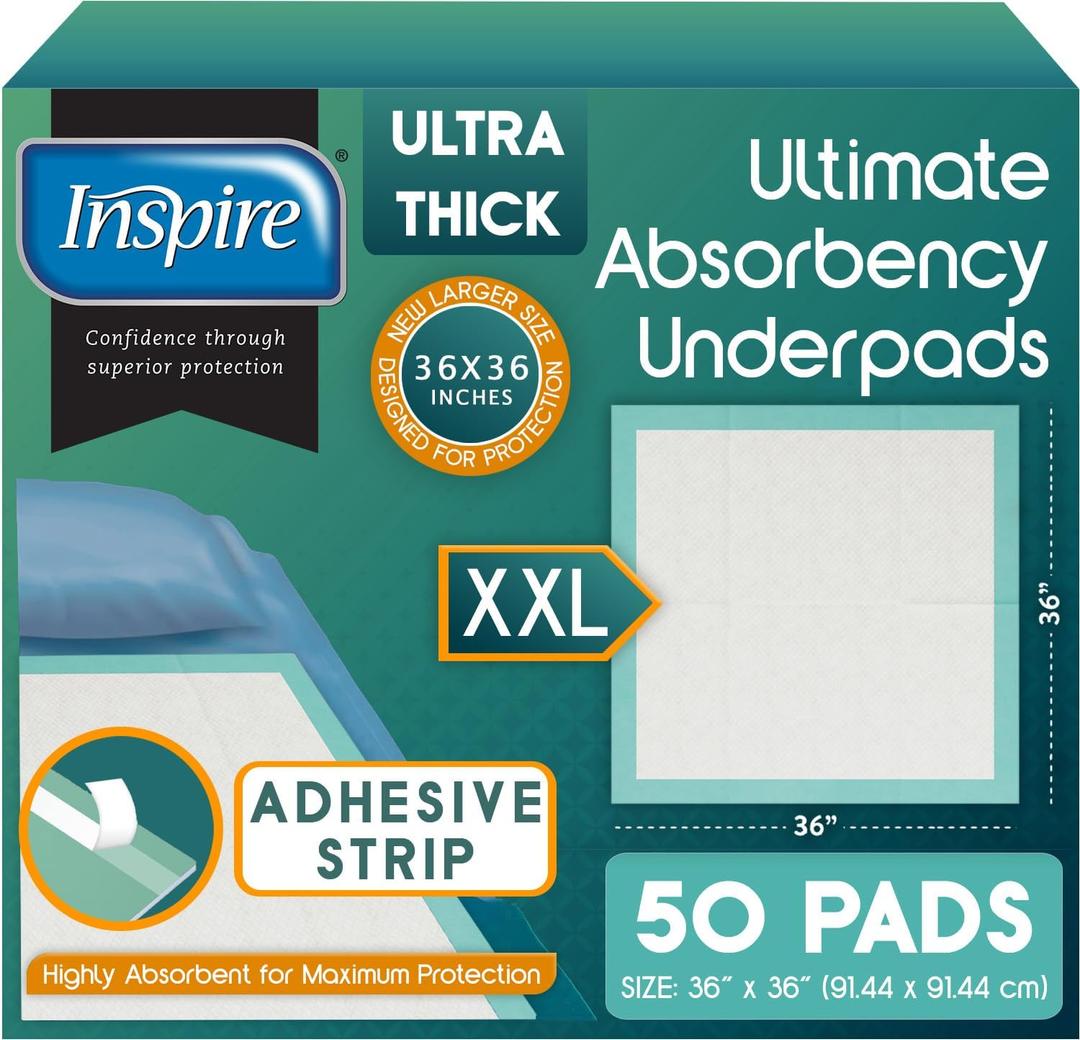Inspire Extra Large Super Absorbent Disposable Bed Pads for Chronic Incontinence Ultra Thick and Absorbent Bed Pads Disposable Adult | Pee Pads for Adults (36" X 36" Pack of 50 W/ Adhesive)