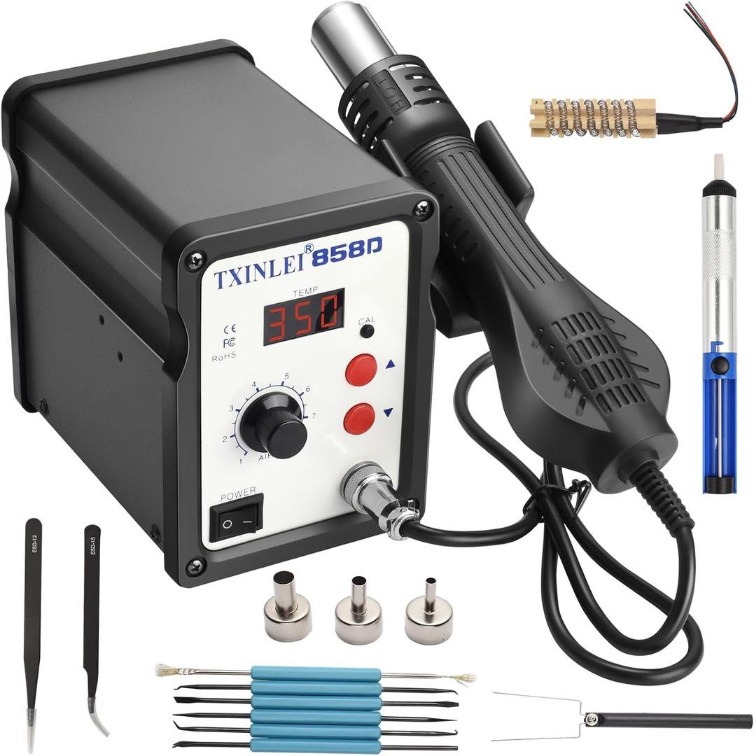 858D 110V Solder Station, Digital Display SMD Hot Air Rework Station Solder Iron Kit Heat Gun, Tweezers, Desoldering Pump