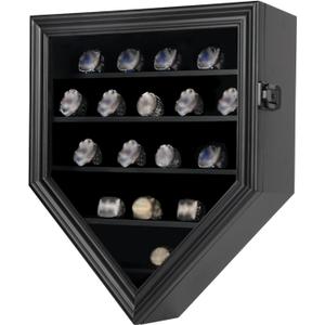 Championship Ring Display Case, 19-Post Sports Wall Cabinet with Black Anti-Theft Lock and Real Glass for Award Ring Collection