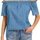 MakeMeChic Women's Summer Off Shoulder Tops Ruffle Short Sleeve Dressy Casual Blouse Top (Blue, M)
