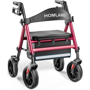 HOMLAND Rollator Walkers for Seniors with Seat, 8" All Terrain Wheels, Durable Aluminum Frame, Lightweight Foldable Walker with Ergonomic Seat, Height Adjustable Rolling Walker