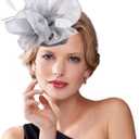 Dodheah Fascinators Hat for Women Tea Party Derby Hats Pillbox Hat Flower Feathers Wedding Headwear with Headband Hair Clip (Gray)