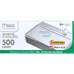 Mead #10 Security Business Envelopes Letter Size 4-1/8" x 9-1/2" Peel and Seal, Privacy Lined, No-Window, Press-It Seal-It Self-Adhesive for Home & Office Mailing, 500 Count (740010)