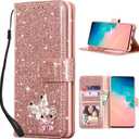 UEEBAI Wallet Case for Samsung Galaxy S10 Plus, Glitter PU Leather Phone Case Card Slots Kickstand Case Magnetic Closure Bling Flip Case Shockproof Hand Strap Flip Cover - Rose Gold