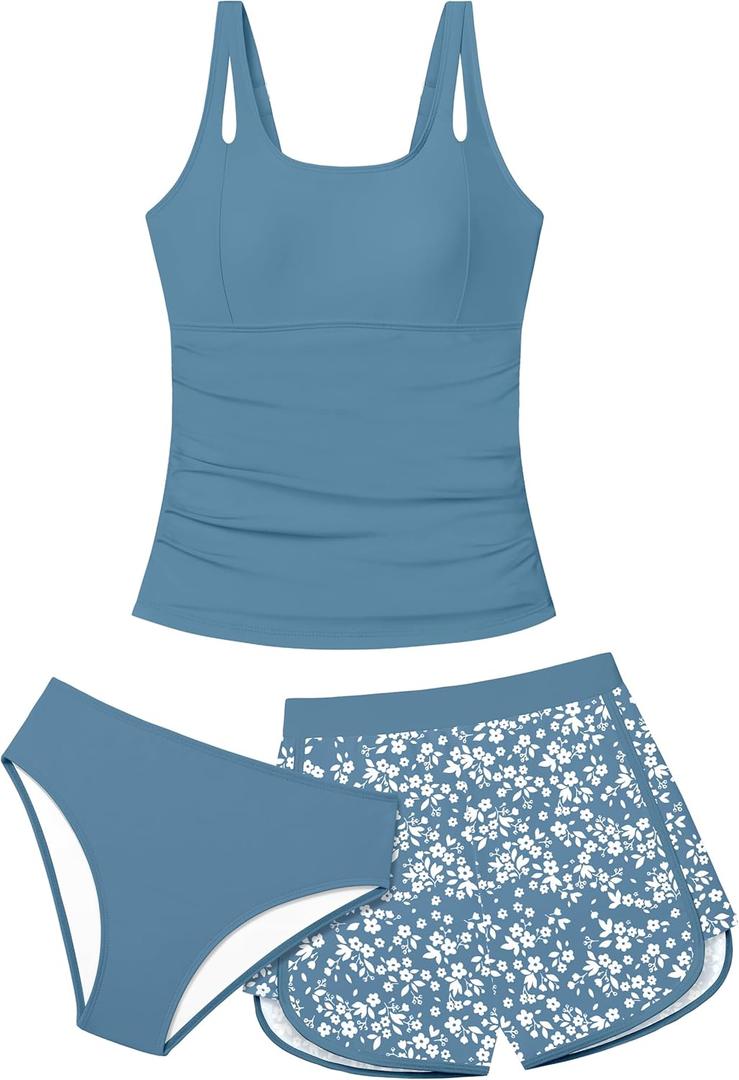 Girls Tankini Swimsuit 3 Piece Bathing Suits for Girl Square Collar Tankinis Set Girls' Swimwear with Print Shorts Gray Blue, 15-16 Years