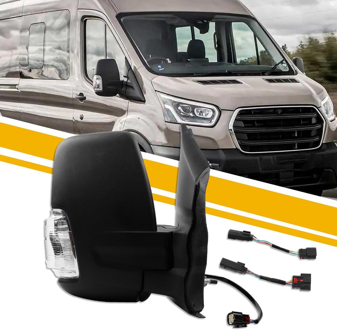 Dasbecan Right Passenger Side Mirror Replacement Compatible with 2015-2025 Ford Transit 150 250 350 Manual Folding, Power Heated, Turn Light, Convex Mirror Matte Black Short Arm