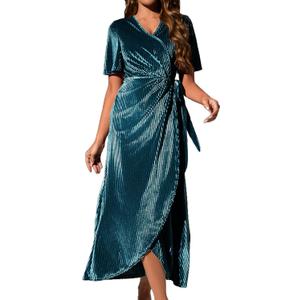Women's Velvet V Neck Wrap Dress Ruffle Sleeve High Waist Maxi Dress, Christmas Party & Formal Wear (Medium, Teal)
