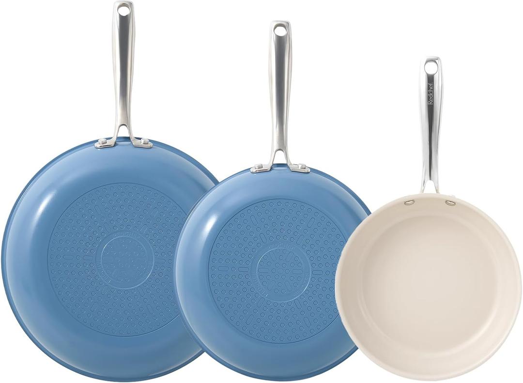 Redchef Non Stick Ceramic Frying Pan Set, Non Toxic Ceramic Pans for Cooking, 8" 9.5" 11" Skillet Set, No PFAS & PTFE & PFOA with Stainless Steel Handle, Dishwasher & Oven Safe Max up to 842F (Blue)