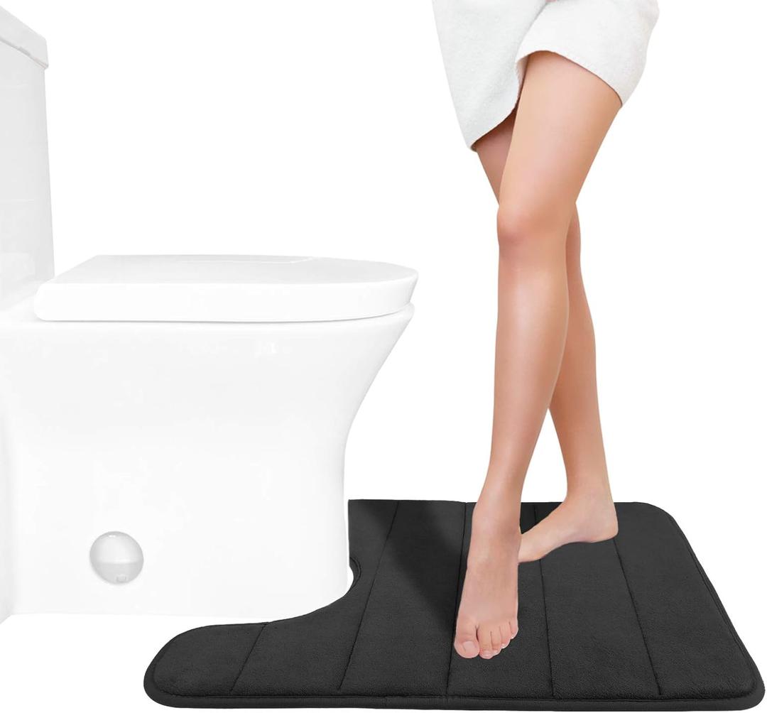 Yimobra Memory Foam Toilet Bath Mat U-Shaped, Soft and Comfortable, Super Water Absorption, Non-Slip, Thick, Machine Wash and Easier to Dry for Bathroom Commode Contour Rug, 24 X 20 Inches, Black