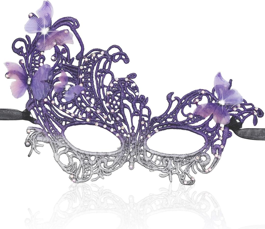 Masquerade Mask for Women, Fit Well Mardi Gras Mask with Adjustable Strap for Masquerade Costume Party (Butterfly-sliver&purple)