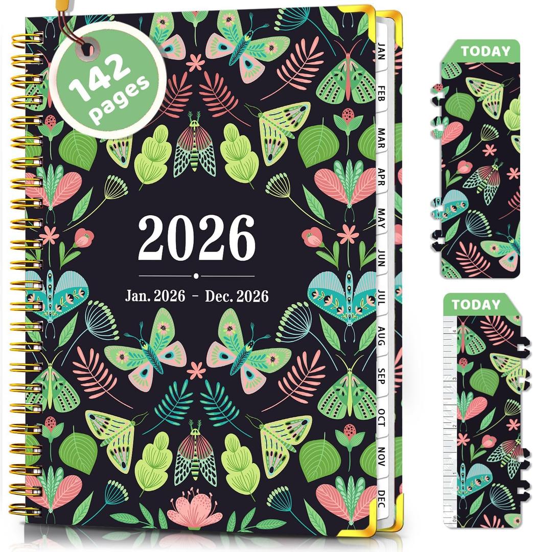 Academic Planner 2026, Daily Weekly and Monthly Planner, Jan. 2026 - Dec. 2026, Calendar Planner with Monthly Tabs, Planning Organize Notebook for Work, 8.5'' x 6.2'', Green Butterfly