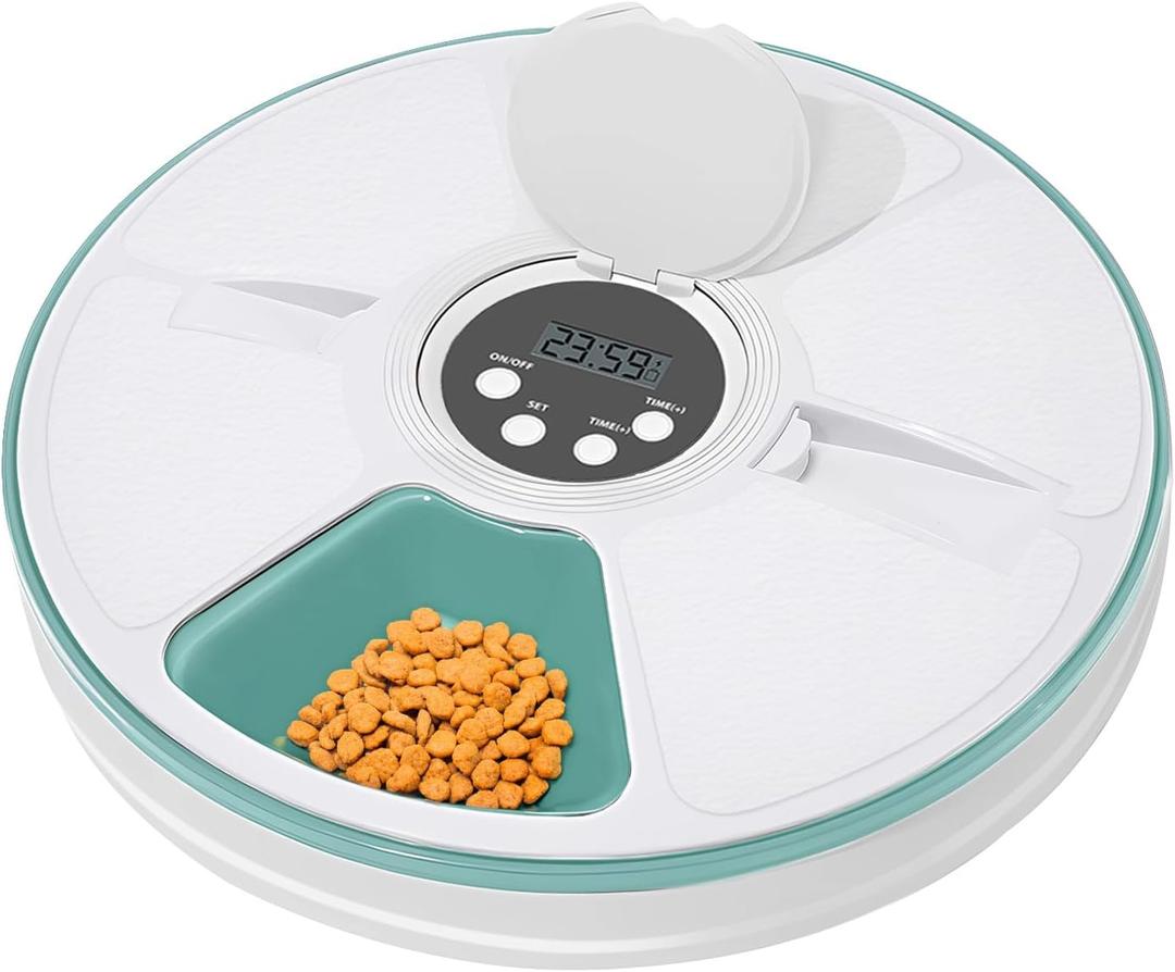 Automatic Cat Feeder, 6 Meal Timed Pet Dispenser Easily Programmable &Easy to Clean, Auto Feeder for Cats/Small Dogs (Green)
