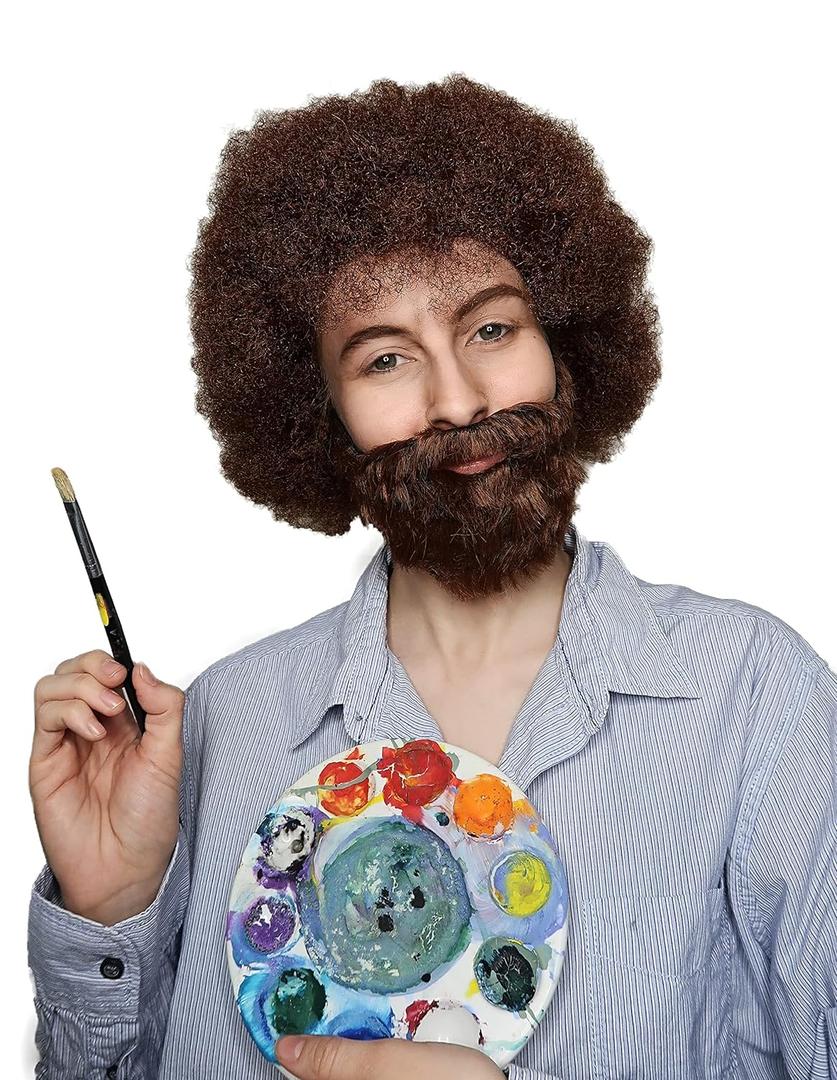 ALLAURA Compatible with Painter Ross Wig  80s Curly Brown Afro Wig & Beard Set for Men & Women  Realistic, Non-Itchy Costume Hairpiece for Halloween, Art Teacher Cosplay, Retro Funny Party Outfits