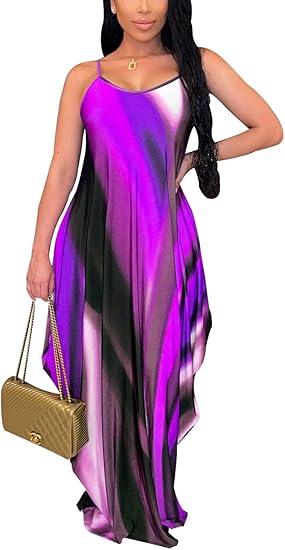 BessCops Summer Maxi Dresses for Women 2025 Plus Size Sundresses Casual Fashion Sleeveless Loose Long Sexy Dress with Pockets Purple Small