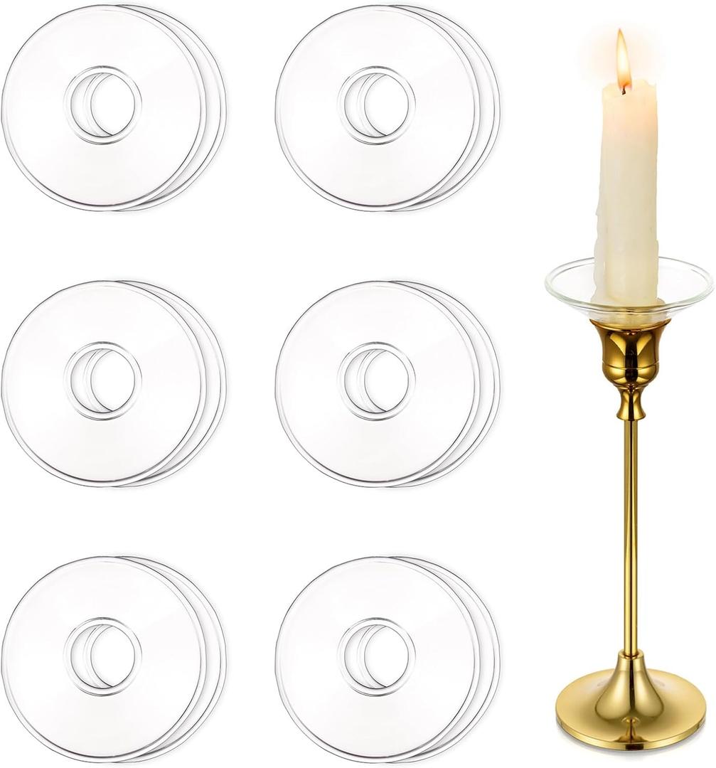 Hewory Glass Bobeches for Candlestick Holders, 12 Pcs Candle Drip Protectors Rings for Tapers, Wax Drip Catcher for Tapered Candlestick Candle Holder for Wedding Party Church Home (Round, Clear)